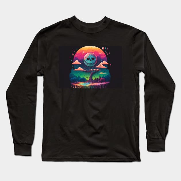 A Full Skull Moon Smiles Down On You - Psychedelic Landscape - Paint Dripping 3D Illustration - Colorful Haunted Nature Scene Long Sleeve T-Shirt by JensenArtCo